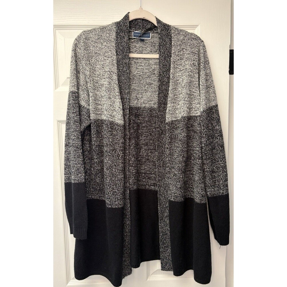 Karen Scott Black and Gray Open-Front Colorblock Cardigan XL Super Soft